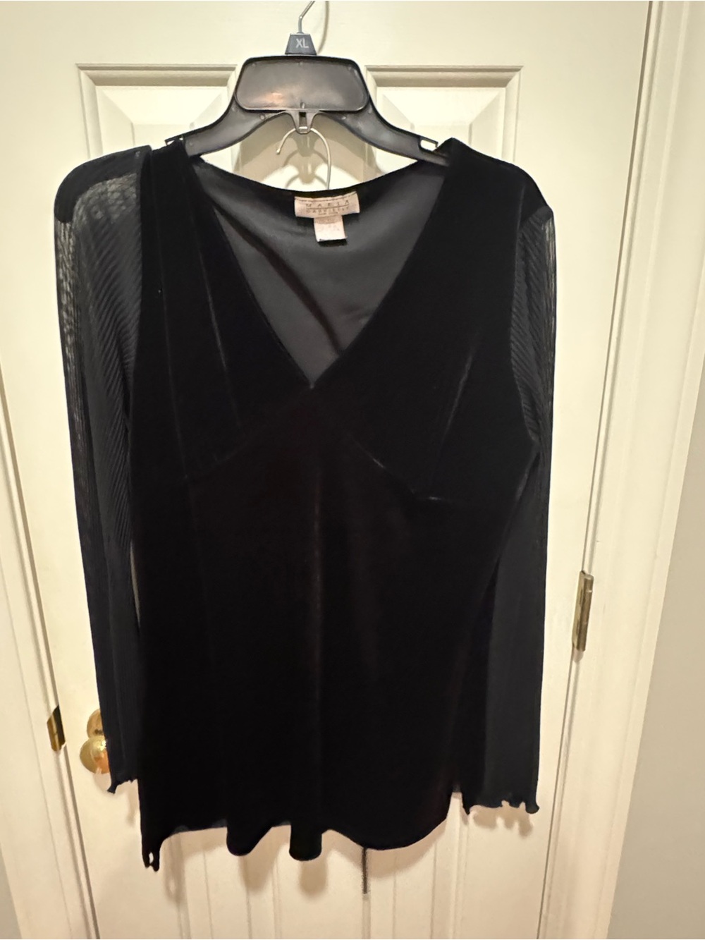 Studio Y Black Velvet V-Neck Long Sleeve Top with Sheer sleeves with matching